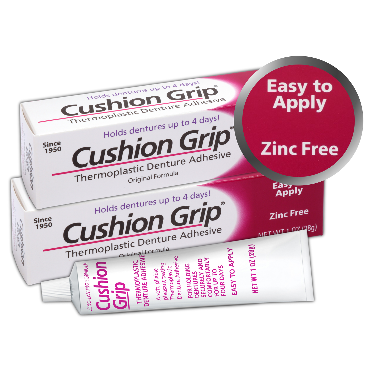 Cushion Grip - Soft, Pliable Thermoplastic Adhesive for Refitting and Tightening Dentures, 1 oz (28g) pack of 2