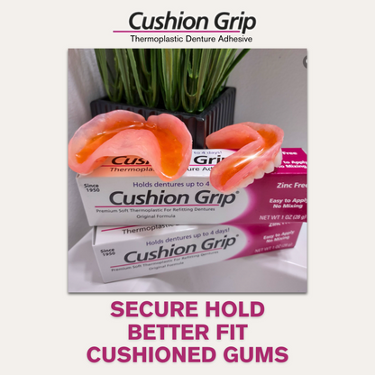 Cushion Grip denture adhesive providing a secure hold, better fit, and cushioned gums, available on Shopify