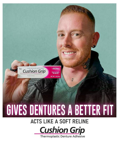 Cushion Grip provides a better fit for dentures, acting like a soft reline for enhanced comfort and stability.