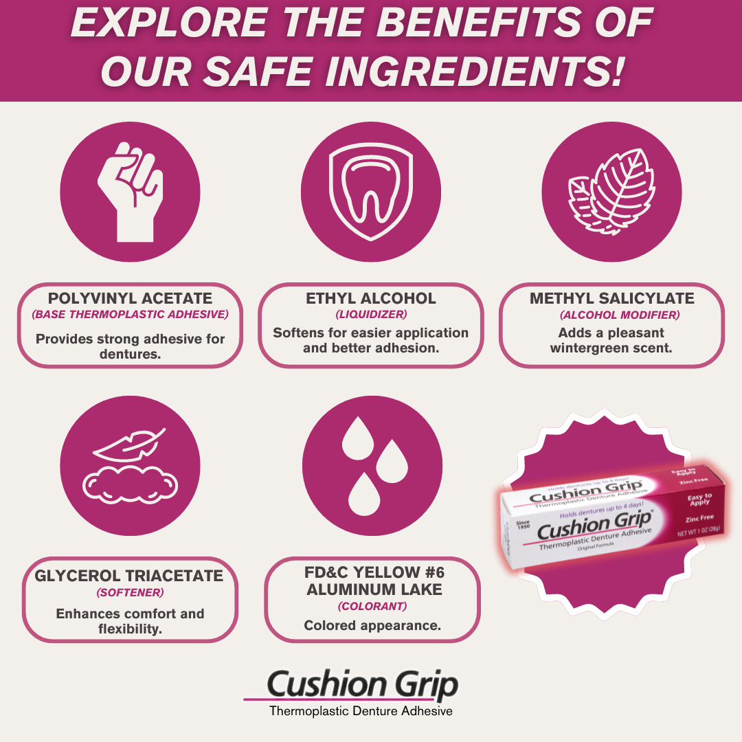 Cushion Grip ingredients explained, highlighting safe and effective components used in the denture adhesive.